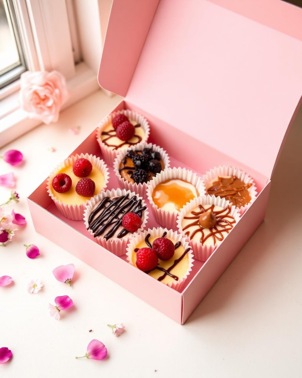 Open dessert box with assorted cheesecake treats
