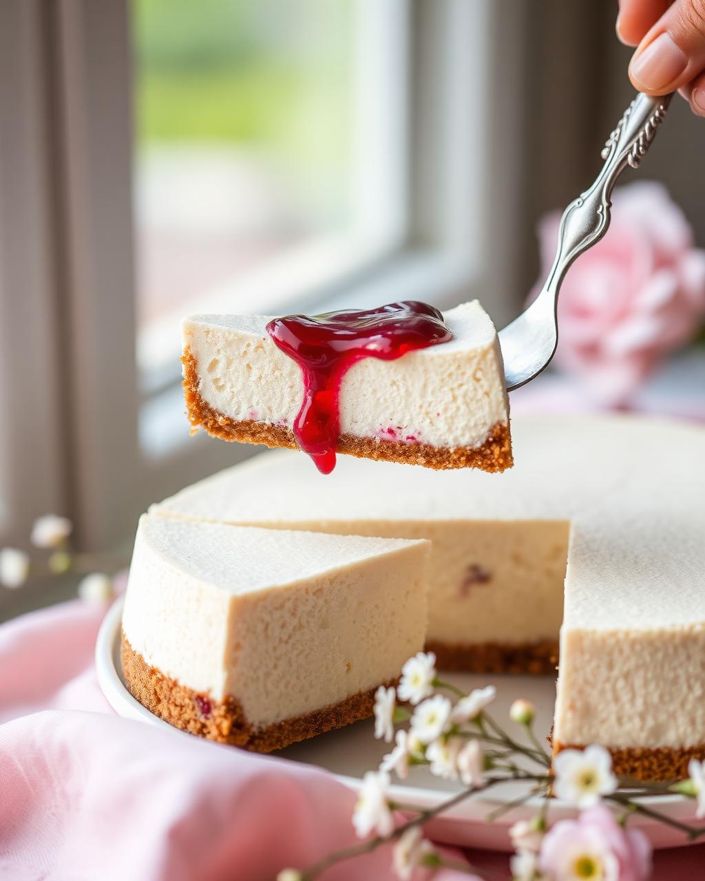 Sliced strawberry-topped cheesecake